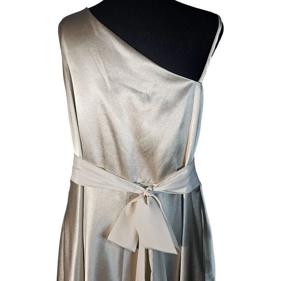 Birdy Grey One Shoulder Satin Maxi Dress Champagne 3X Formal Wedding Trendy Luxe - Picture 4 of 16